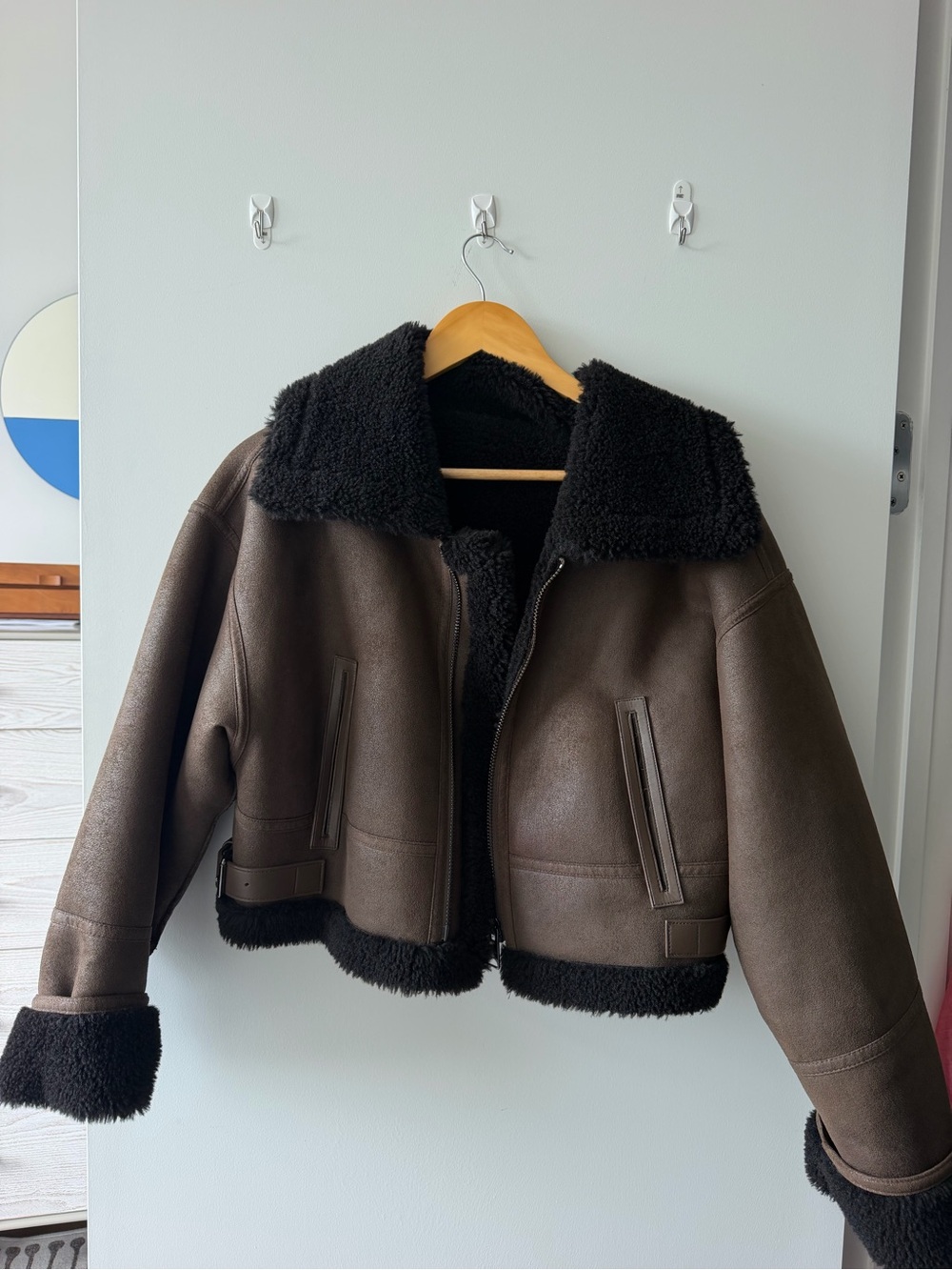 Mango Brown Faux-Shearling Aviator Jacket with Black Trim